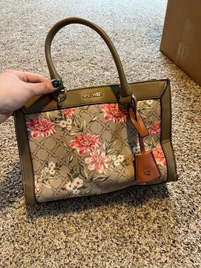 Nine West Tan Floral Satchel with Tan Accent